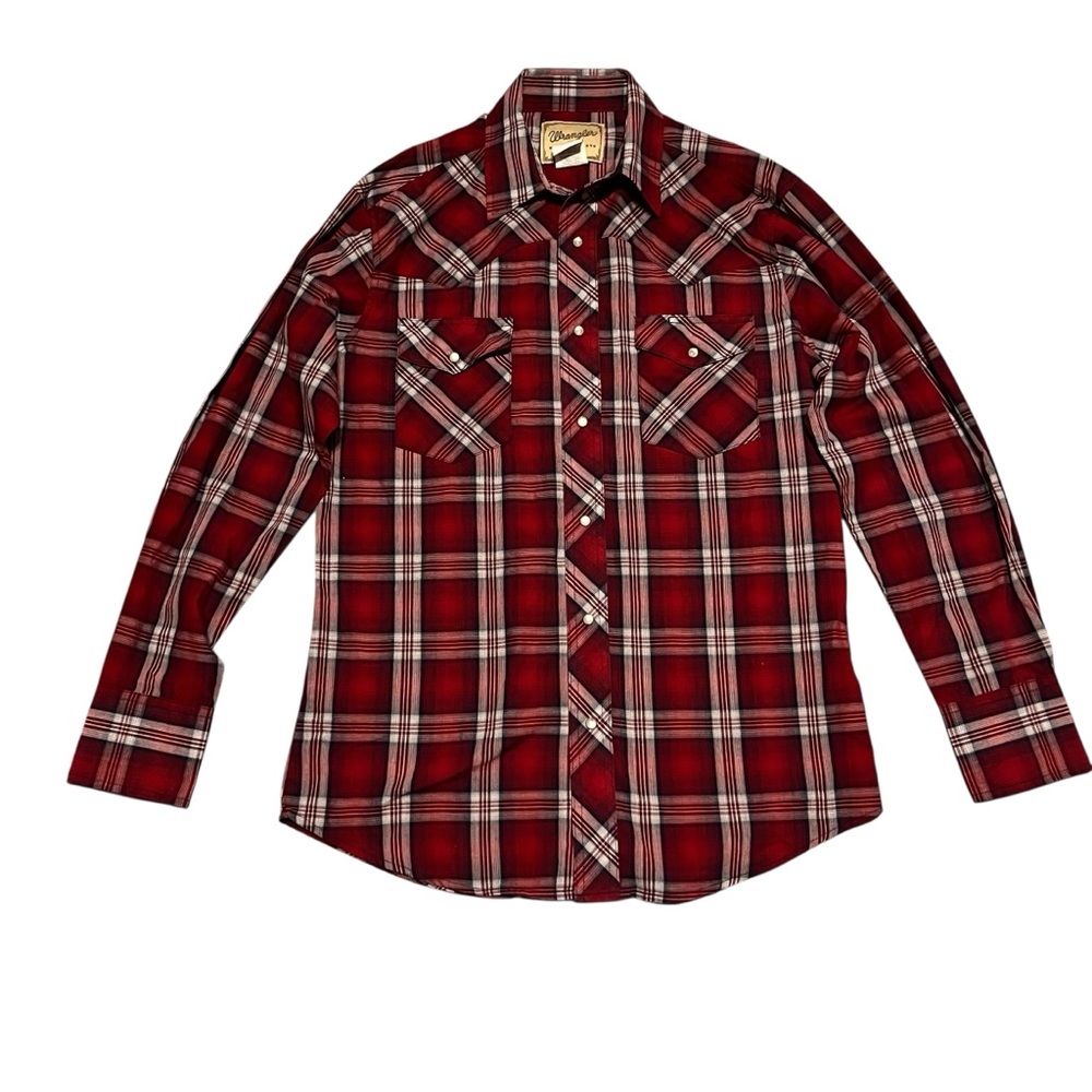 Wrangler‎ Western Shirt Mens Plaid Red Black White Plaid Pearl Snap Size Medium